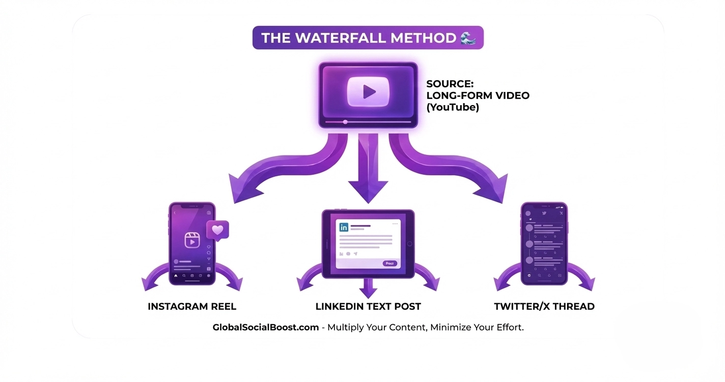 Visual diagram of the Waterfall Content Repurposing Strategy showing one video turning into many posts