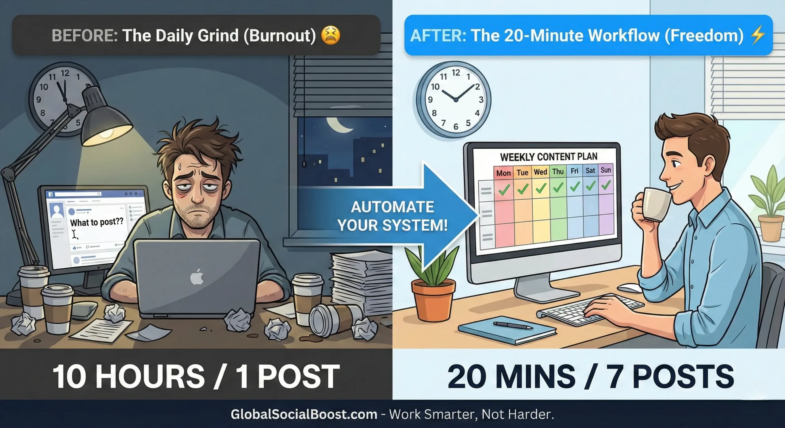 Comparison of a stressed creator versus a productive creator using a daily content workflow