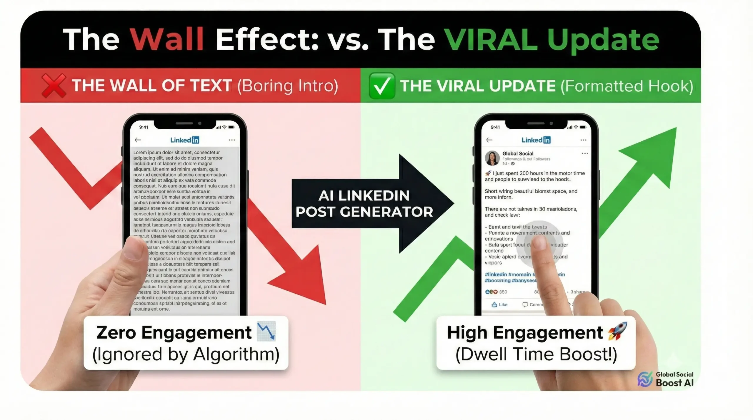 Before and after comparison of a boring text block versus a formatted update using a LinkedIn Post Generator