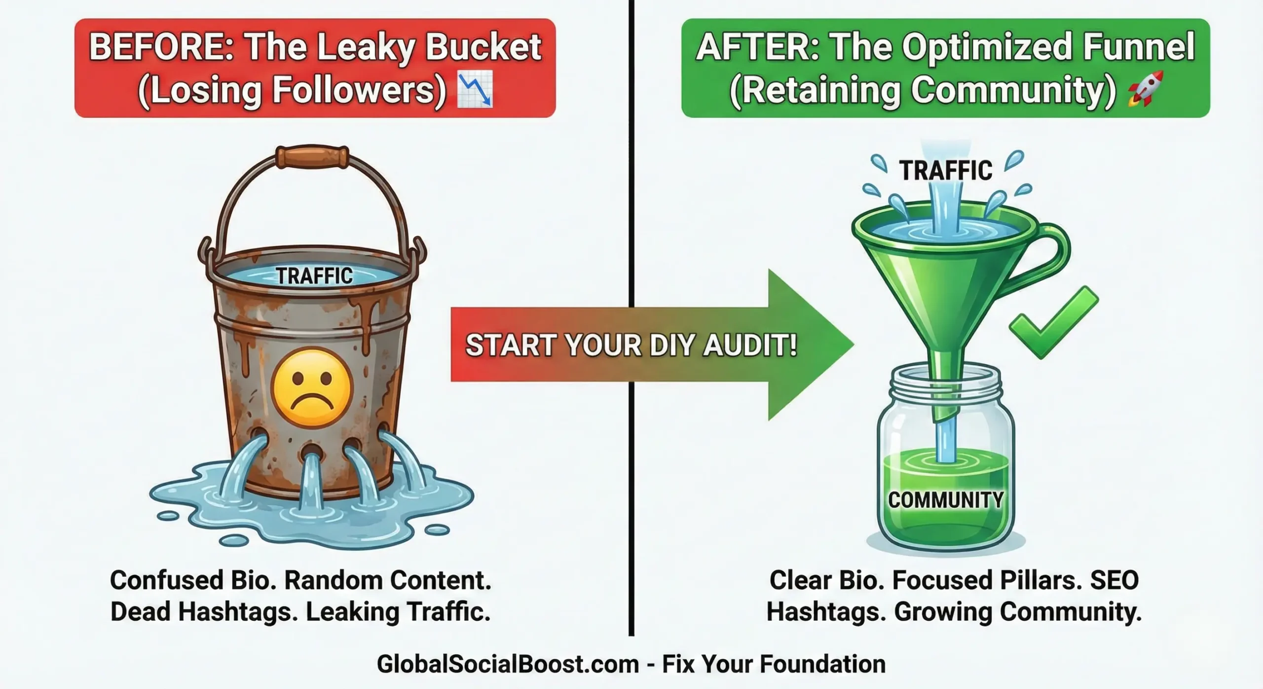 Comparison of a confused profile versus an optimized profile after a social media audit