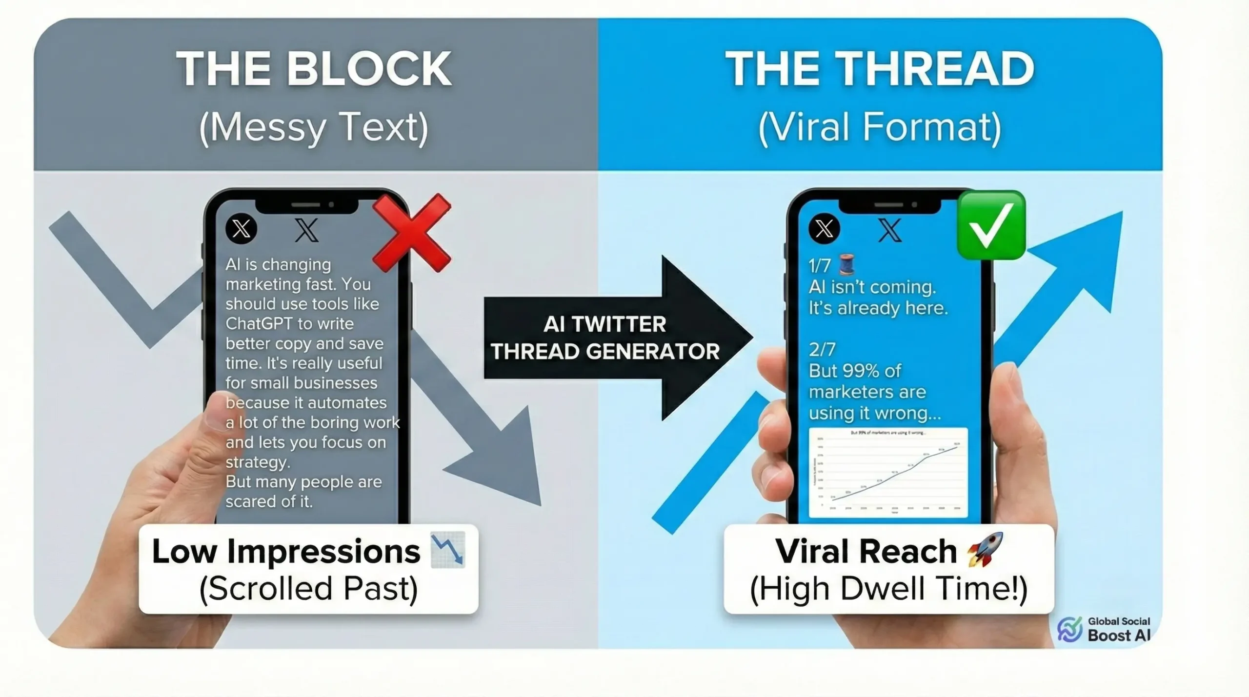 Before and after comparison using a Twitter Thread Generator to format a viral thread