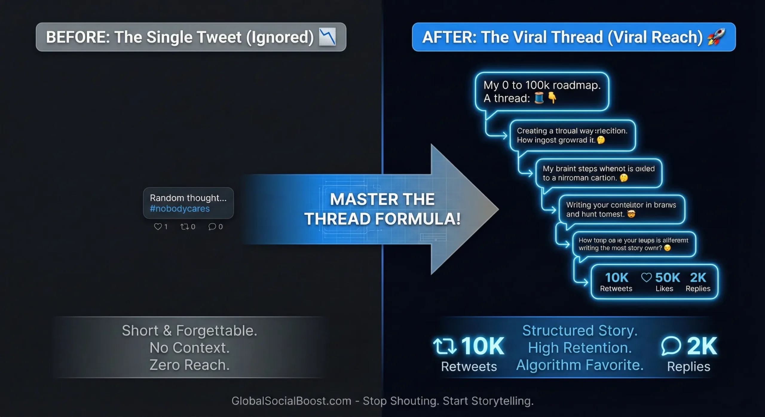 Comparison of a single tweet with low reach versus a structured Viral Twitter Thread generating high impressions