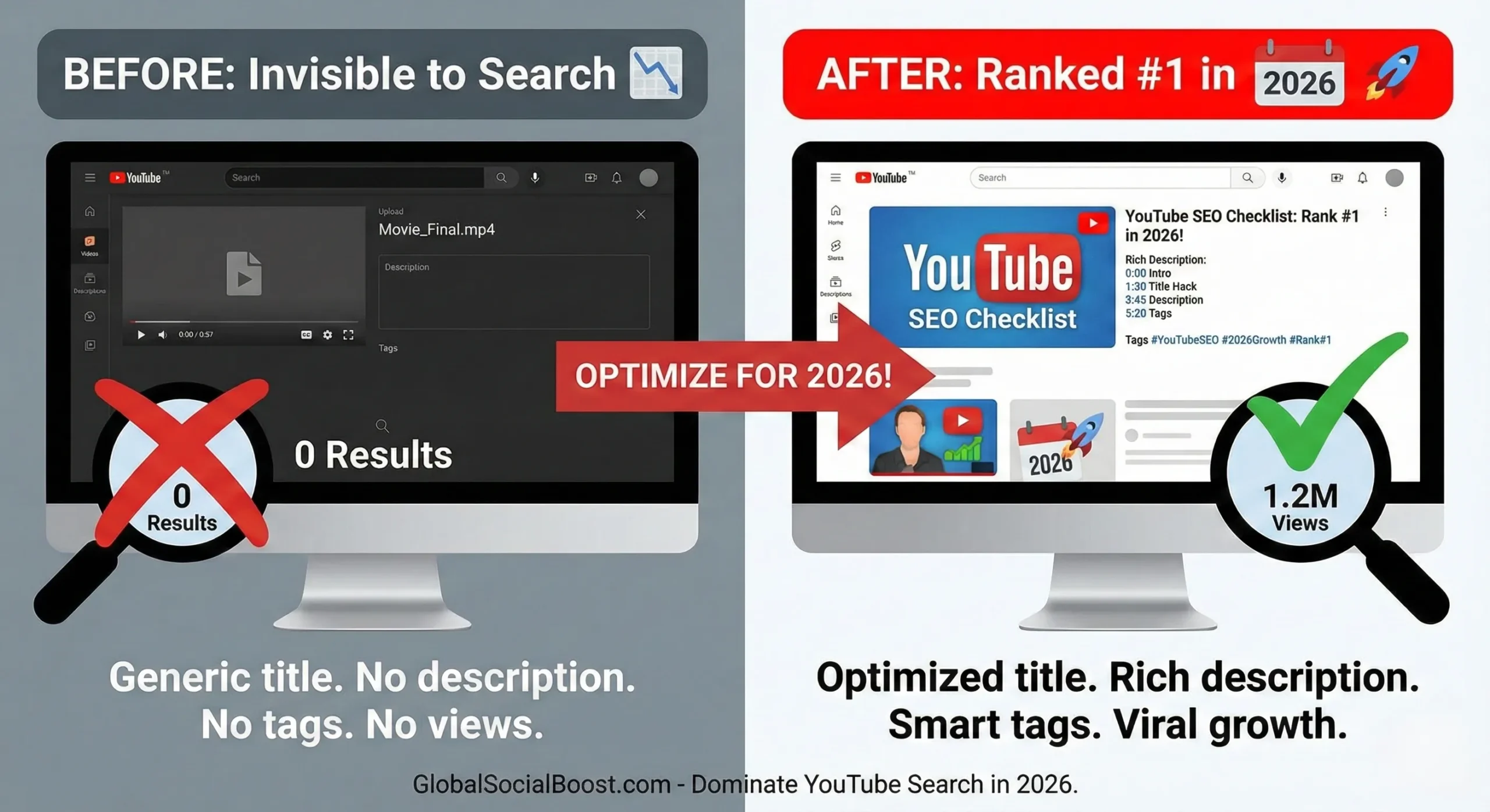 Comparison of an unoptimized video versus a high-ranking video using the 2026 YouTube SEO Checklist.